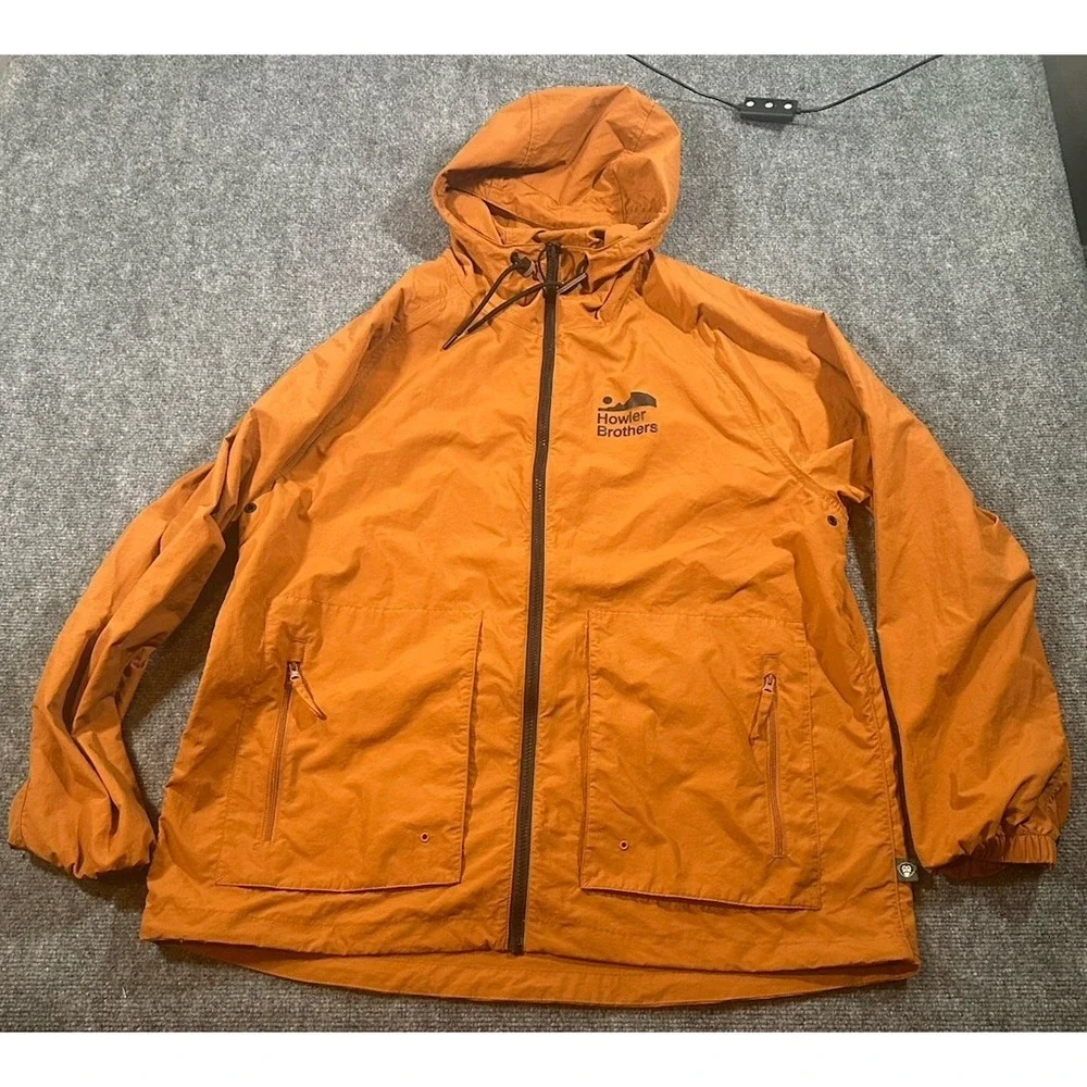 Howler Bros Mens XL Orange Windbreaker Jacket Zip Outdoors Hiking Cinch Waste